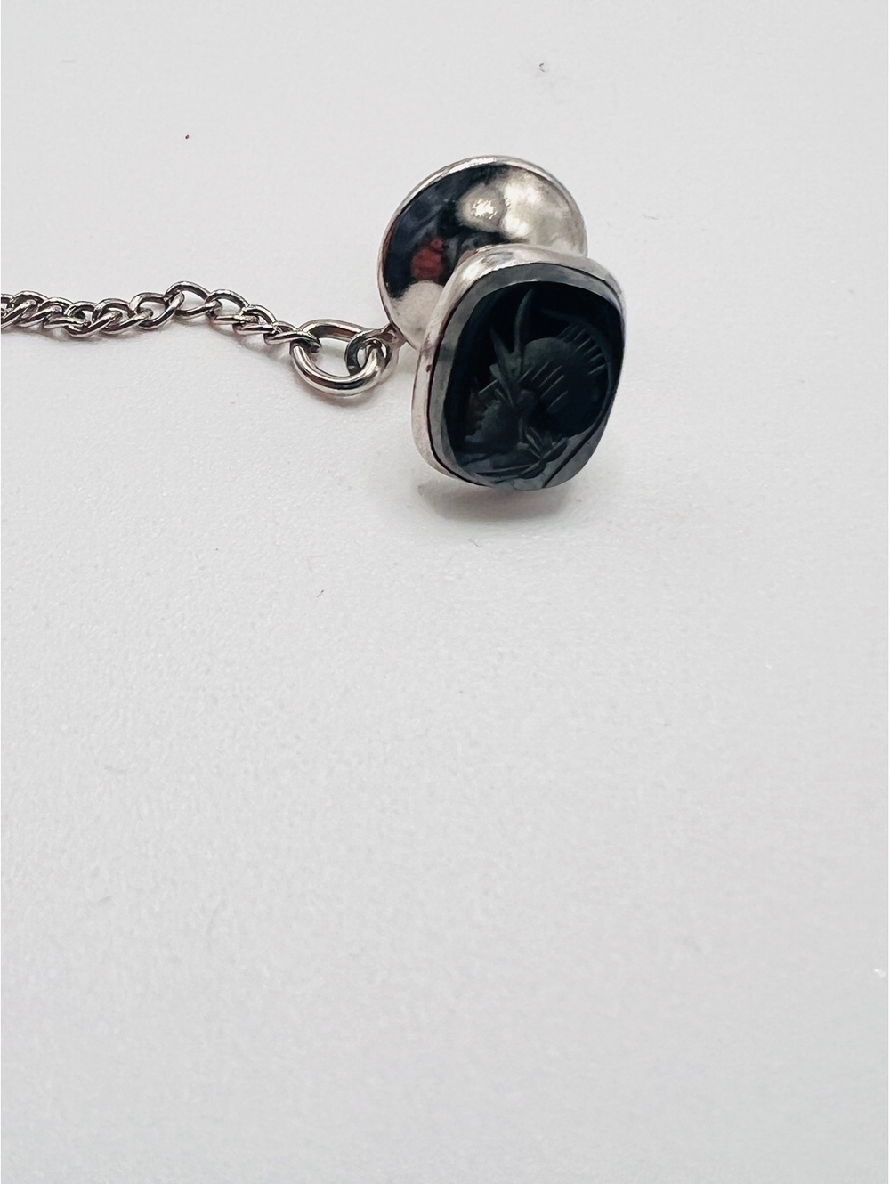 Vintage Sterling Silver Hematite Roman Warrior Intaglio Tie Tack Lapel Pin